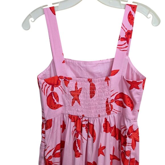 J CREW Pink Red Lobster Print Maxi Dress Sz 2 Square Neck Cotton Smocked tiered - Picture 6 of 13